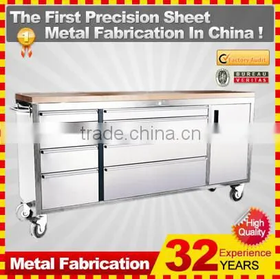 46 in. 9 drawer stainless steel mobile tool cabinet with solid wood top, black