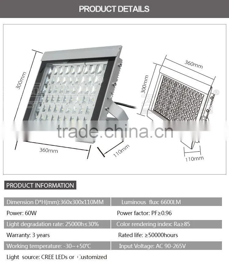 High power bridgelux cob 60w wide angle led flood lighting