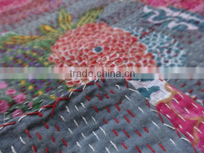 Tropical Kantha Handmade Quilt, Queen Size Reversible Kantha Bedding, Handstiched By Artisians of India, Hand Art Kantha Work