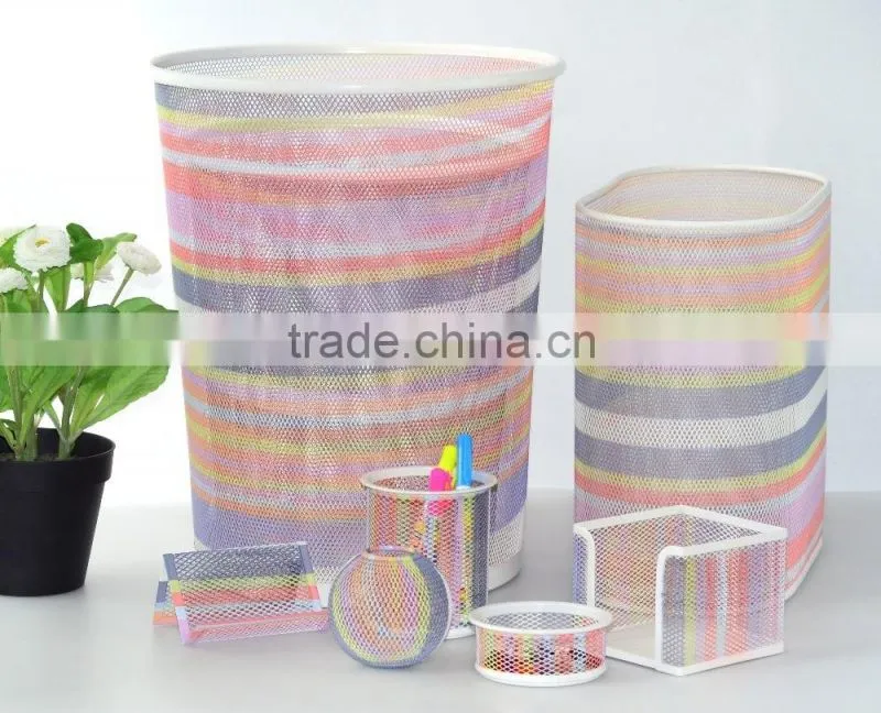 Office Stationery Metal Mesh Round waste bin colorful printed pattern Trash Can