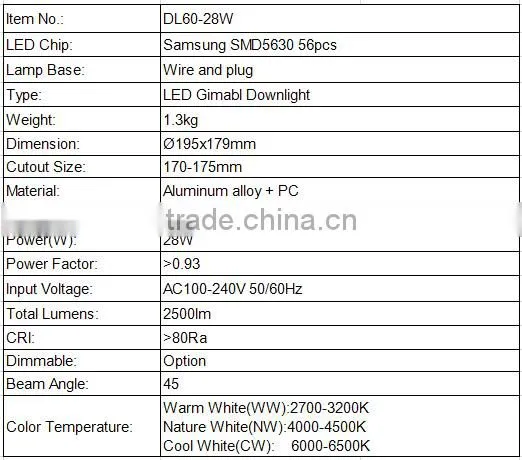 180 degree Adjustable led downlights 28w SMD led gimble downlight with 5 years warranty