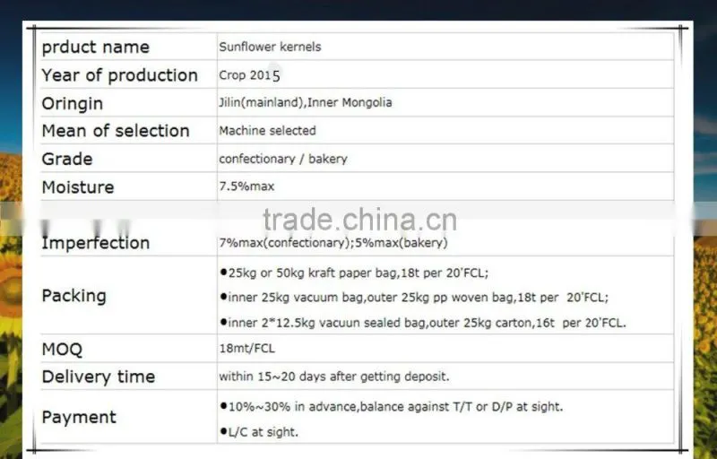 China high quality confectionary and bakery hulled sunflower seeds kernels