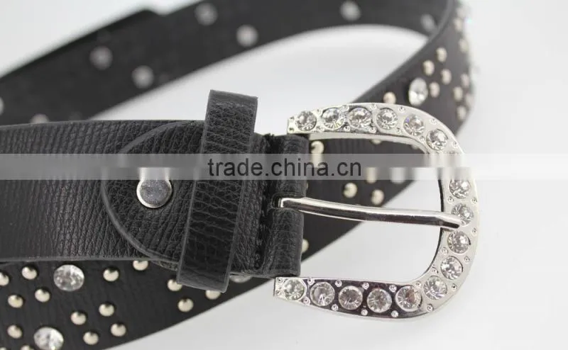 Women's classical metal and rhinestone studded 33Mm belt leather with shiny rhinestone buckle