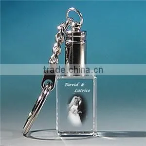 Wholesale custom 3d laser engraved blank led crystal keychain/key ring /keyholder for souvenir gift