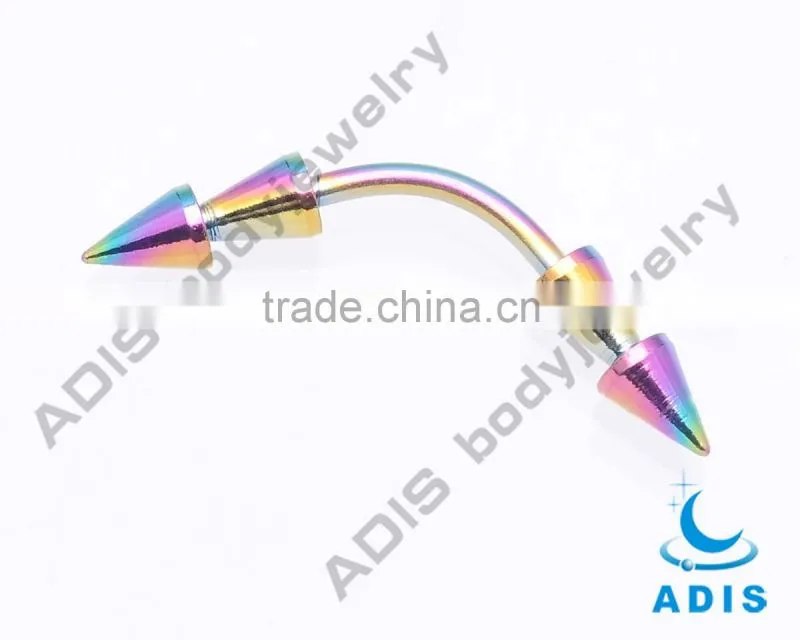 Rainbow anodized G23 titanium eyebrow piercing with double cones
