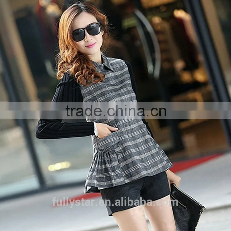 new knit stitching loose falbala grid women mature coat