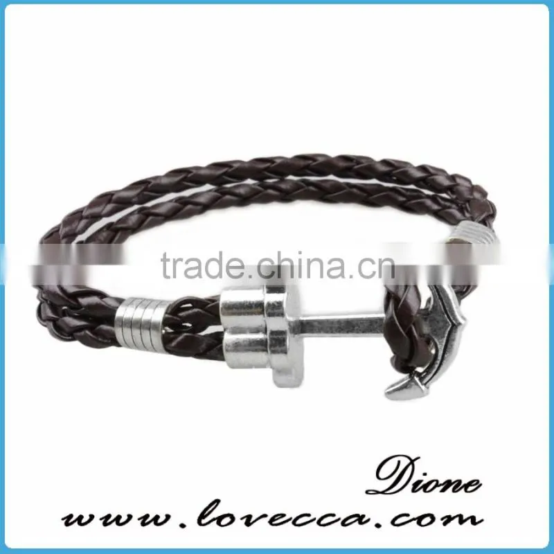 Custom Handmade Mens Genuine Braided Leather Hook Anchor Bracelet