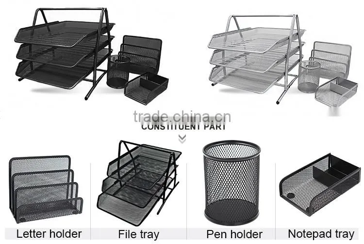 EasyPAG 4 in 1 Mesh Desk Organizer , 1 Document Letter Tray 1 Pencil Holder 1 Stick Note Holder 1 File Stacking Sorter , Sliver