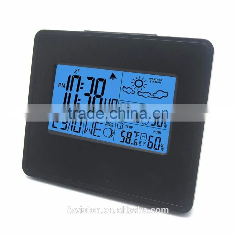 Automatic RCC weather station clock with blue backlight,Thermo-hygrometer Digital Weather Station Clock with 2 Sensors