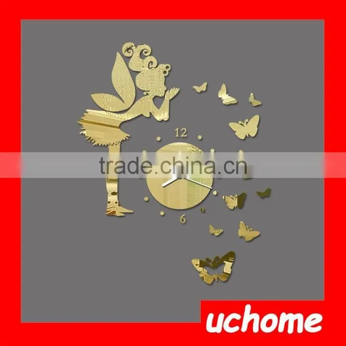UCHOME Modern Style Butterfly Fairy DIY Mirror Wall Clock Wall Sticker Home Decor Bedroom Living Room