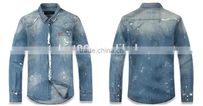 2016 European Style splash ink men denim casual shirt