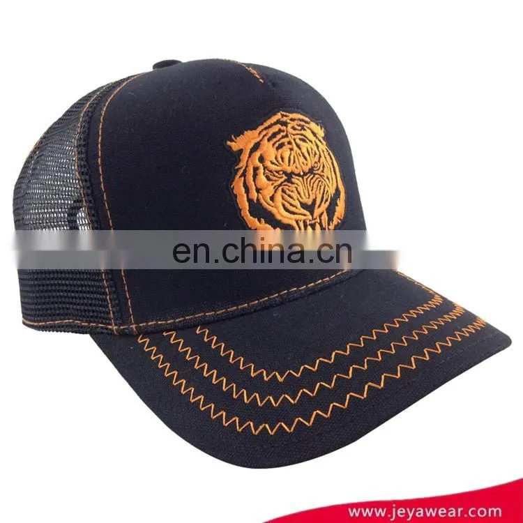 Dongguan factory high profile trucker hat 5 panel black 100%cotton baseball cap with lion embroidery