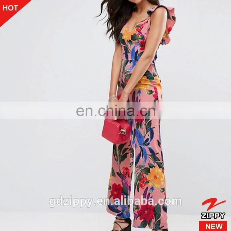 2017 new fashion summer beach Tie Back Floral pink Print ladies casual Ruffle long women Jumpsuit