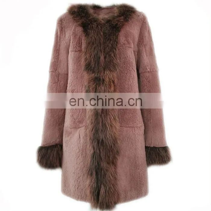 Character genuine long rabbit fur coat with raccoon fur cuff and fly winter Korean coats for women