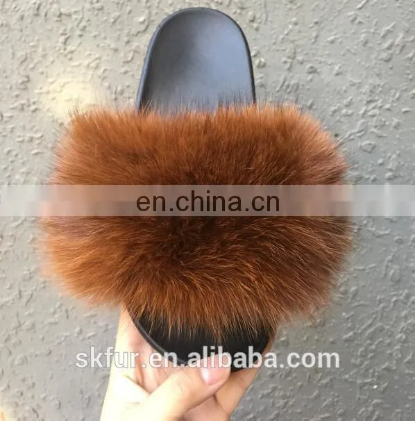 Factory wholesale long hair and soft real fox fur slides for women