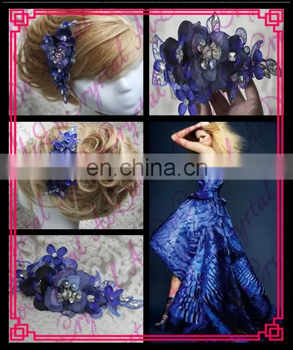 Aidocrystal deep blue luxury lucency lace hair trim piece rhinestone hair clip bridal fascinators