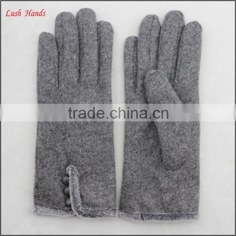 ladies winter warm grey woolen dress fashion hand gloves with fur and button