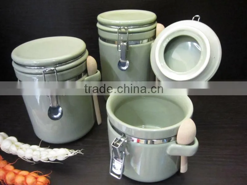 3 pieces green ceramic canister set, glaze ceramic canister