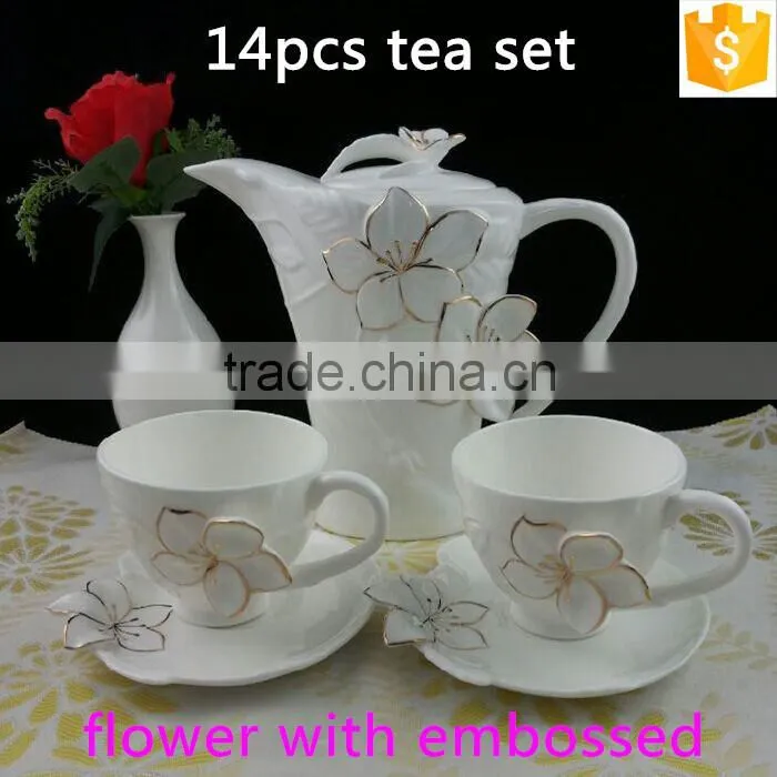 Elegant Embossed Gold Rim Flower Ceramic Tea Cup 200cc Round Shape Bone China Coffee Cup