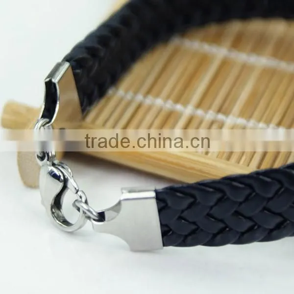 Fashion Rose gold bracelet and black leather stainless steel bangle