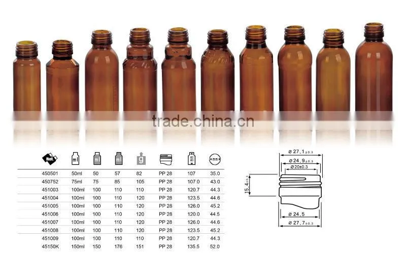 30ml-125ml-500ml Amber glass Bottles For Syrup/Oil DIN28 or PP28 neck