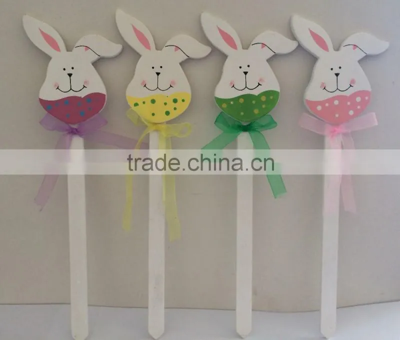 Wood easter deco Wooden rabbit with ribbon stick decoration , beautiful garden rabbit yard stake