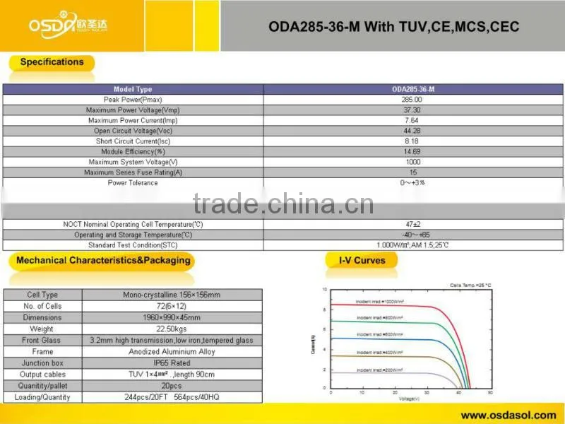 TUV MCS CEC certificated 285W mono solar panel