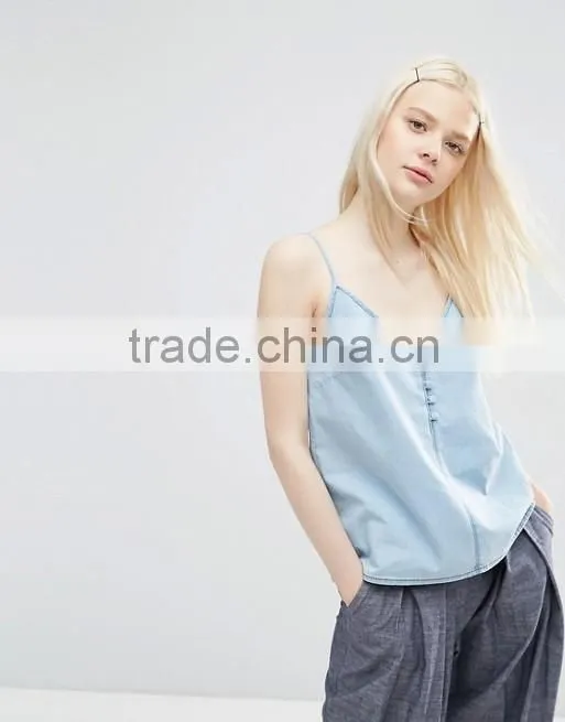 Lightweight Denim Cami Top in Light Blue V-neckline