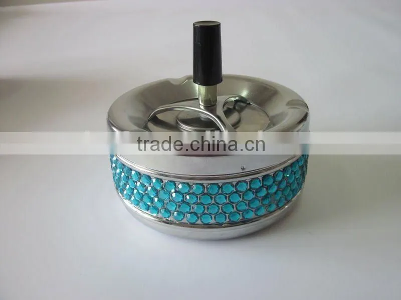 round metal ashtray, spin stainless steel ashtray with rhinestone