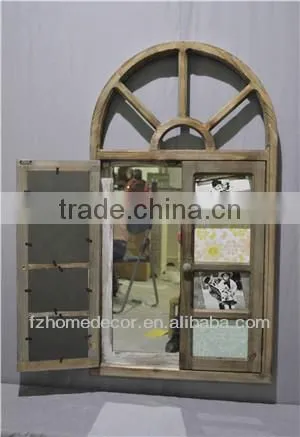 Decorative wooden panelled window with metal scrolls, distressed finish.