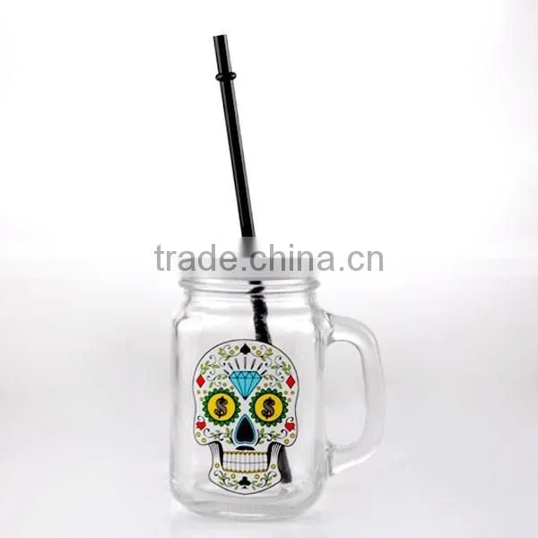 16oz Halloween Theme Skull Decal Glass Mason Jar with Handle