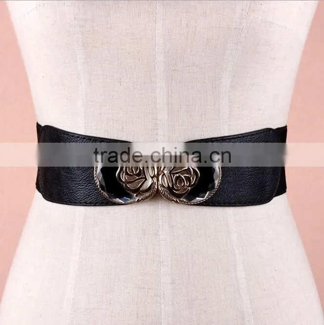 Wholesale stone inlaid flower pattern buckle sex women lady wide PU waist belt