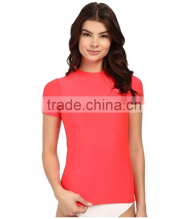 OEM Swimwear And Beachwear Core Loose Short Sleeve Rashguard UPF 50 Skinny High Neck Swimsuit Surf Swim Rash Guard Shirt Lady