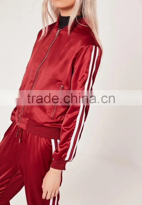 High Quality Custom Silk Flare Red Stripe Panel Satin Bomber Jacket Women Sports Gym Running Active Wear Clothing Set