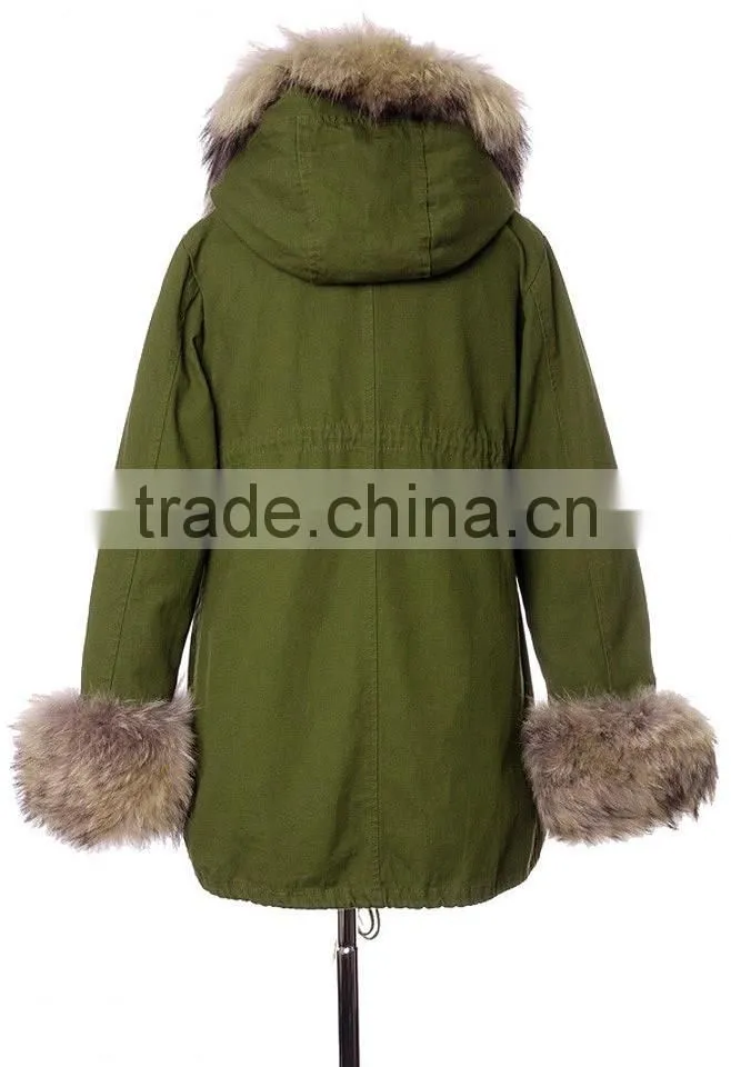 Detachable Faux Fur Jacket with fur collar fur sleeve ,women Army green Jacket coat