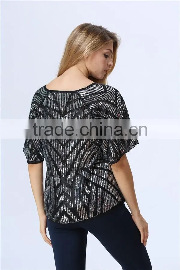 new design ladies heavy sequin embroideried embellishment beaded top Women Blouse