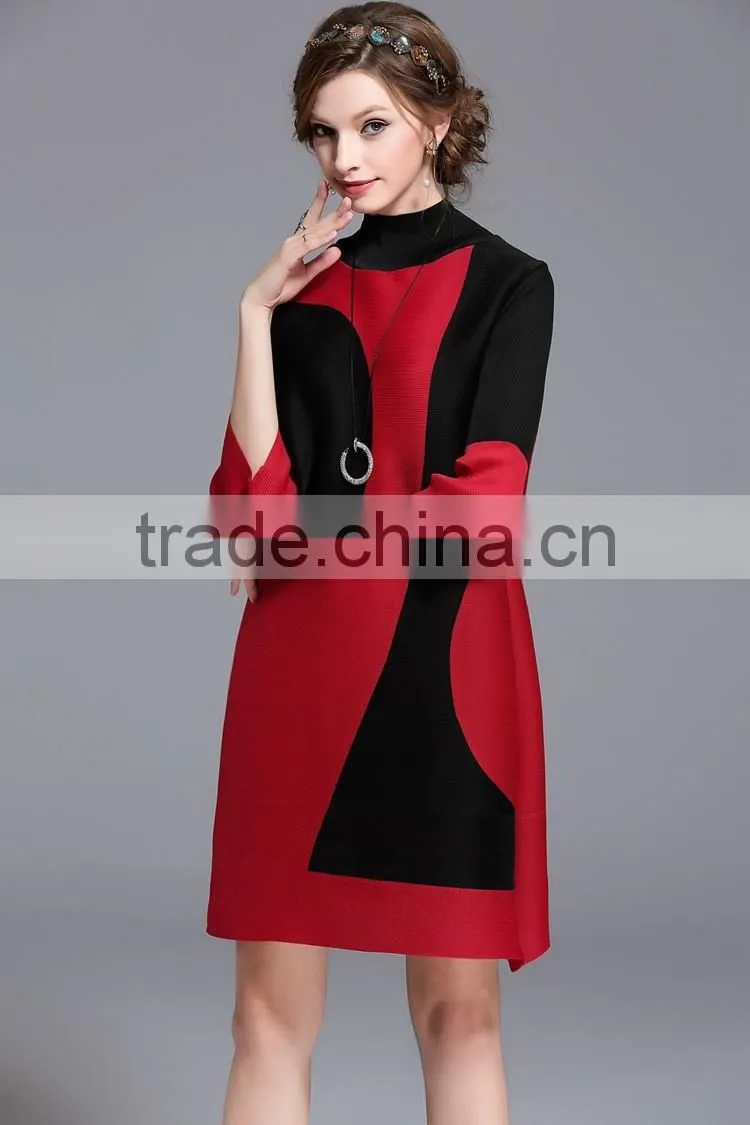 Women creased 3/4 sleeve printing high elastic dresses wholesale
