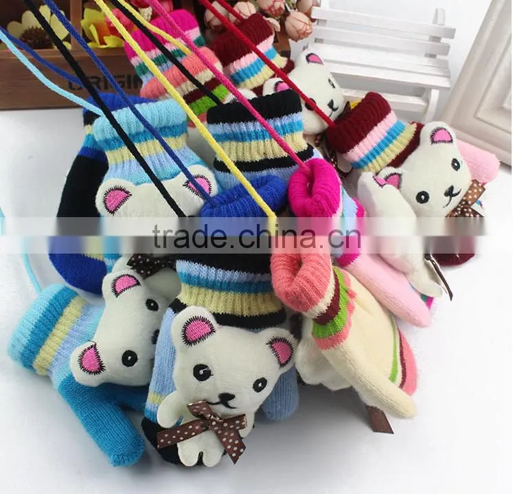 Winter baby children acrylic gloves boys and girls knitted warm cute hanging neck cartoon bear baby gloves
