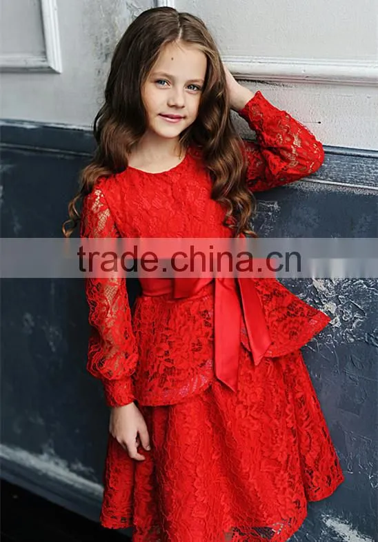 Red Long Sleeve Maxi Dress A line Mommy And Me Lace Women Baby Party Dress