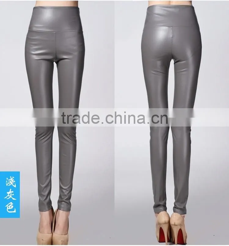 wholesale plain womens tight pants/sexy faux leather high waist leggings stretch PU pants laides skinny trousers
