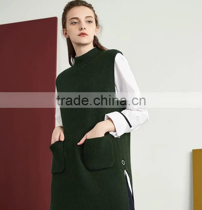 2017 new design women green color Vest sweater Stand collar side vent sweater