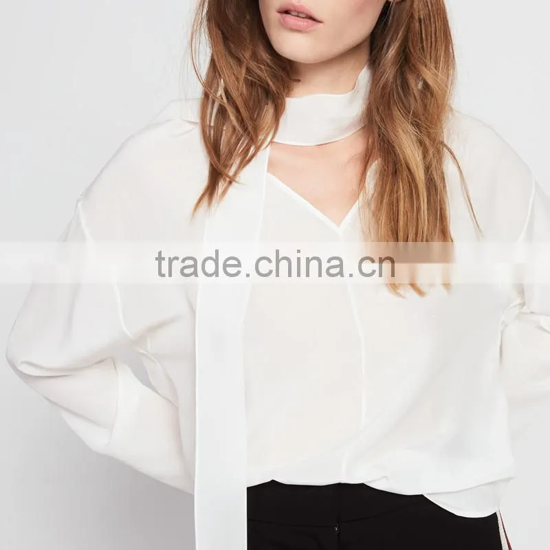 NEWEST DESIGN nice fastening at the collar women V-neck and long sleeve blouse