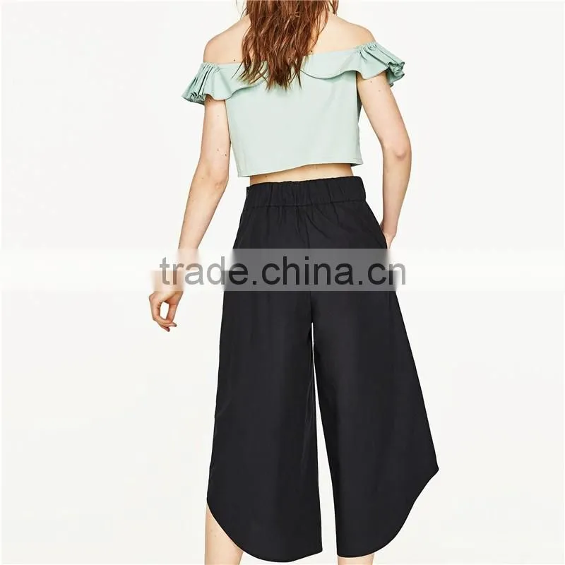 Cord Culottes Asymmetric Slacks Women Black Dress Pants