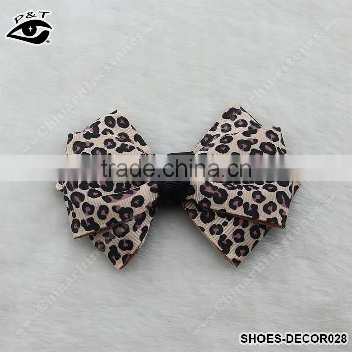 Leopard grain bowknot clip for shoes satin fabric bow tie ornament for dress bags clothing