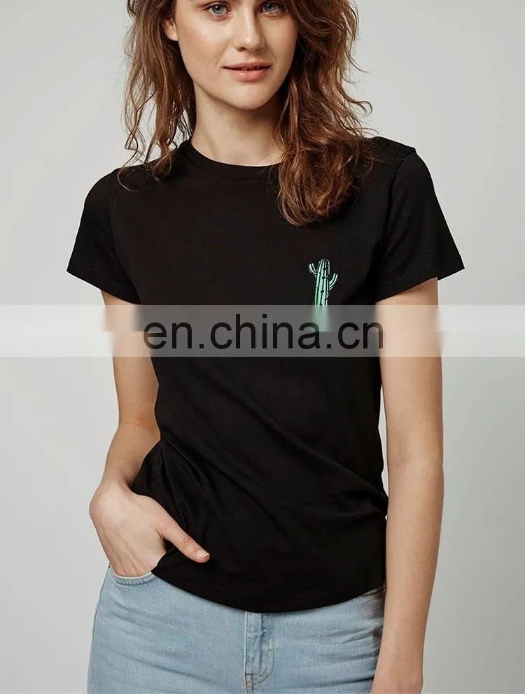 OEM service short sleeve cotton casual embroidered cactus lady black t-shirt