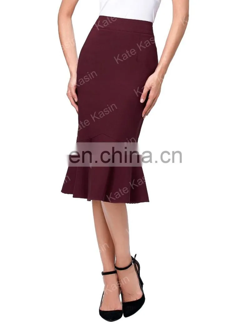 Kate Kasin Occident Women's Fashion OL Causal Wine red Mermaid Hips-Wrapped Pencil Skirt KK000241-2