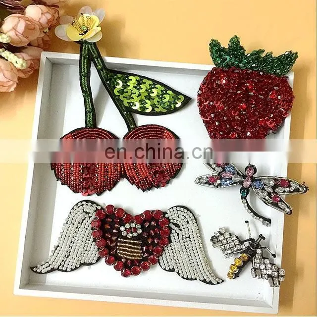 Handmade Heart Strawberry Cherry Beaded Rhinestone Patches For Clothing