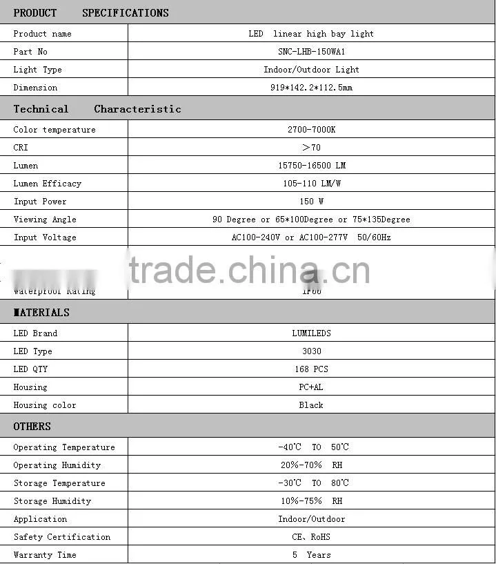 IP66 LED architectural indoor linear fixture 150w CE/RoHS list list