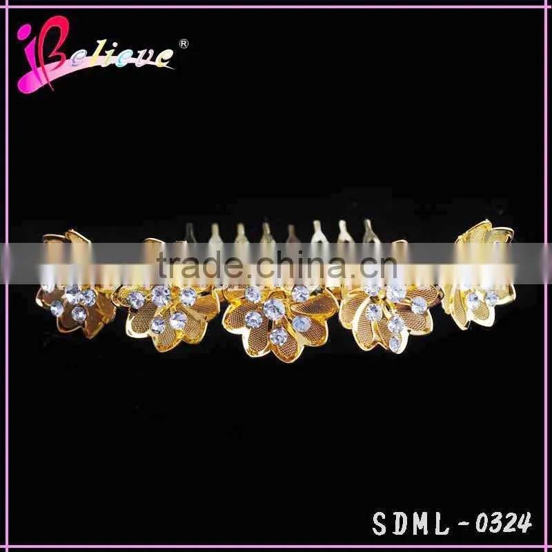 2015 New popular 24k gold foil flower hair accessories,crystal diamond gold flower jewelry hair comb