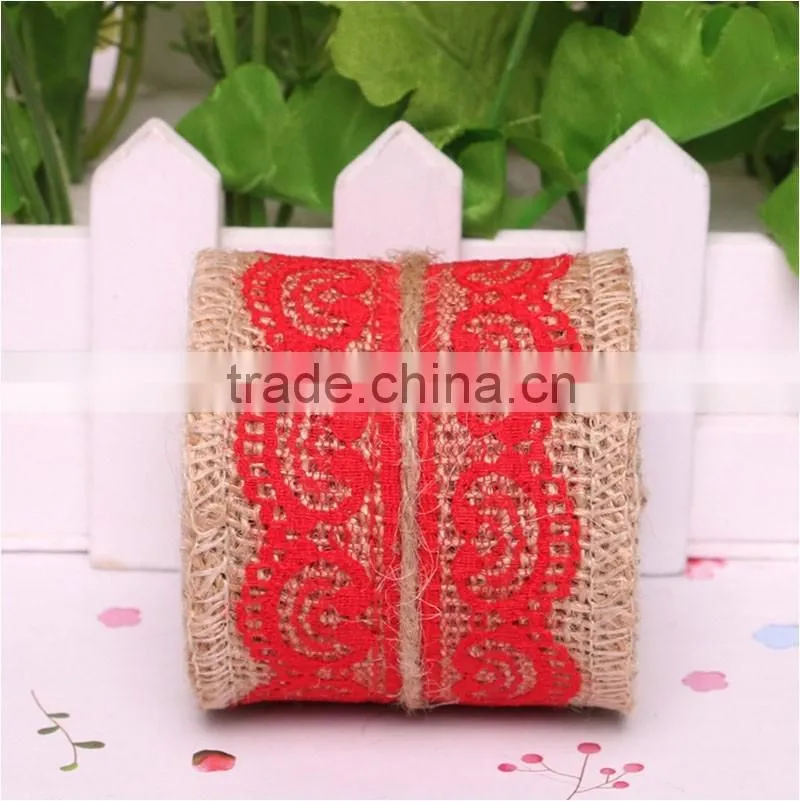 0.06*2M Jute Burlap colourful heart lace roll customized DIY decoration jute roll